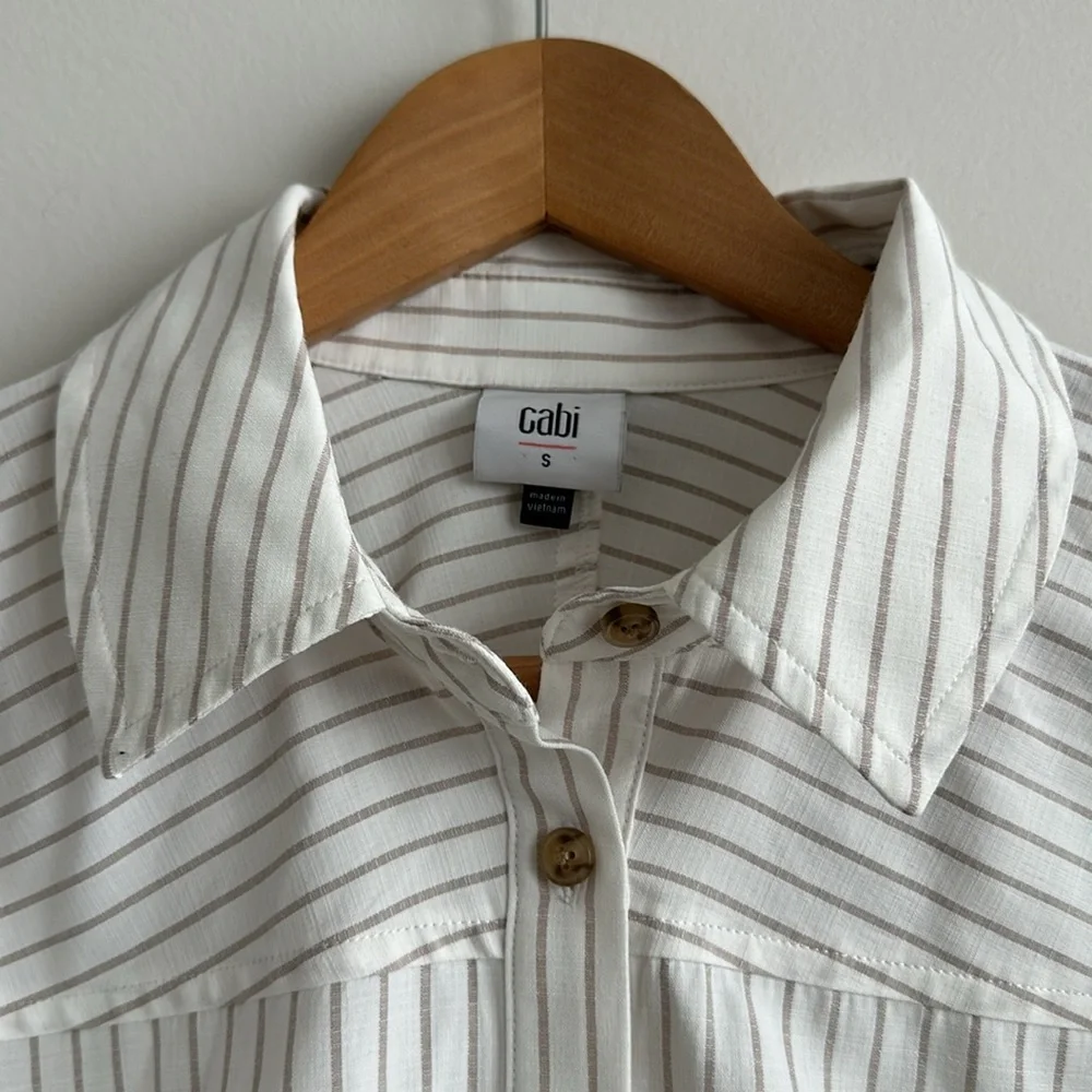 Cabi Balloon Sleeve Waist Tie Button Down Striped Collared Shirt Top Linen Look - Picture 2 of 4